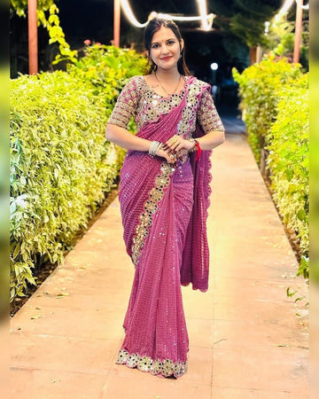 BOLLYWOOD BLOCKBUSTER ORIGINAL MIRROR WORK DESIGNER SAREE WITH BLOUSE