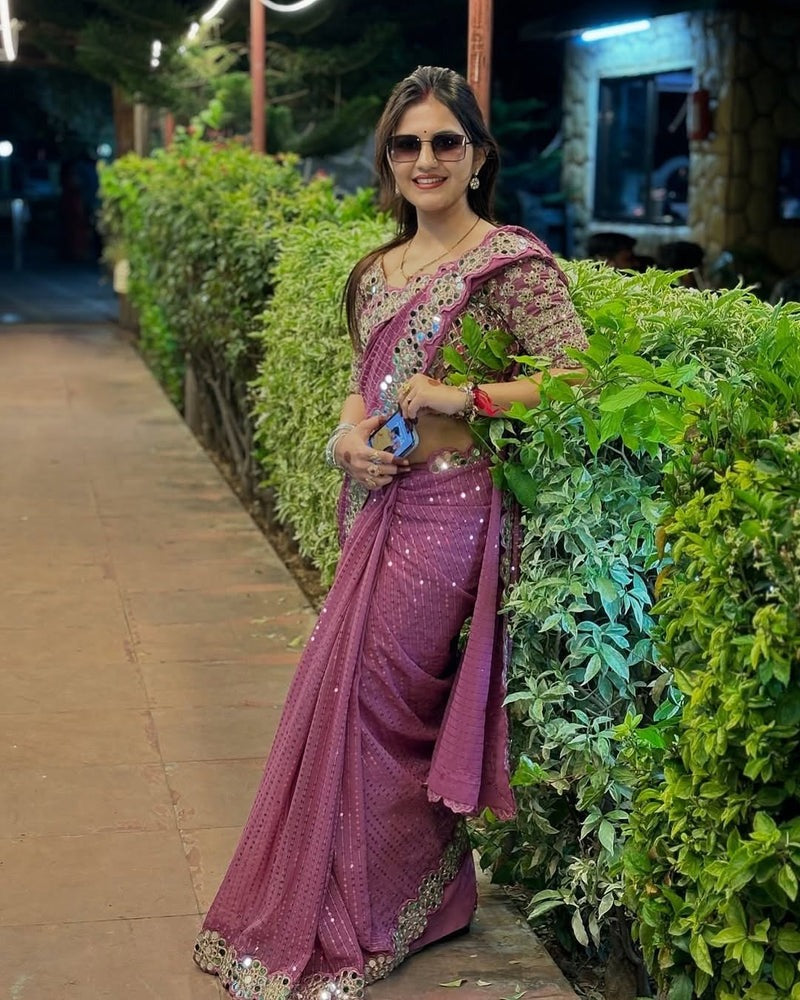 BOLLYWOOD BLOCKBUSTER ORIGINAL MIRROR WORK DESIGNER SAREE WITH BLOUSE