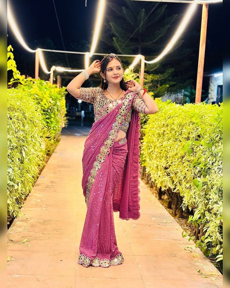 BOLLYWOOD BLOCKBUSTER ORIGINAL MIRROR WORK DESIGNER SAREE WITH BLOUSE